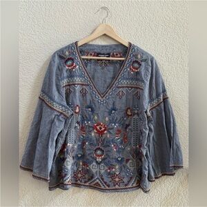 Johnny Was Workshop Top Blouse Embroidered Bell Sleeve Peasant Boho Floral XL
